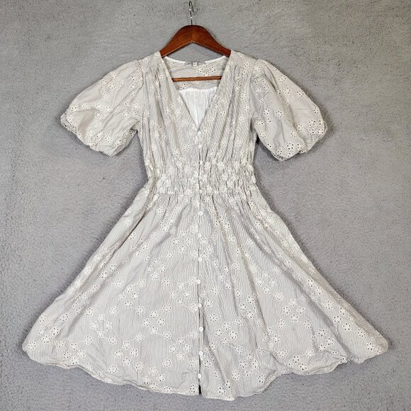 Madewell Dresses & Skirts - Madewell Mini Dress Women's 2XS White Black Striped Eyelet Sophia Puff Sleeve
